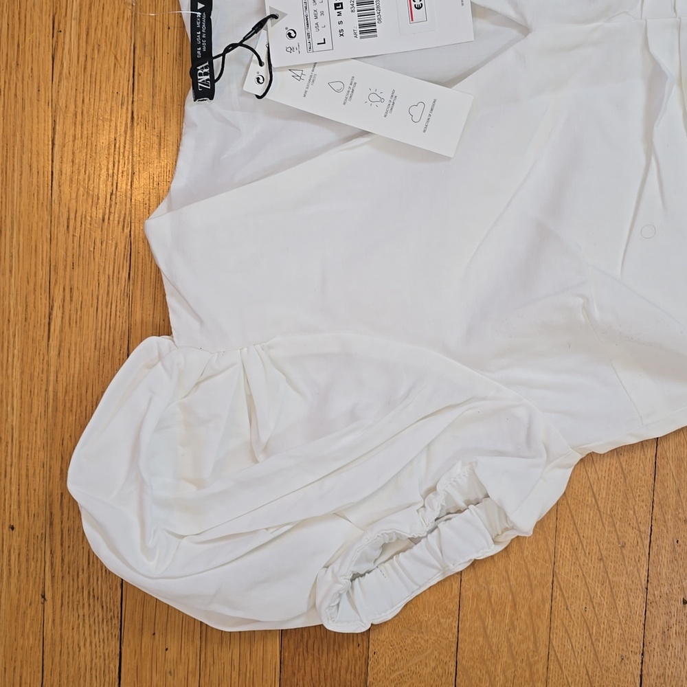 NWT, Zara, White Poplin Puff Sleeve Ruched Maxi Dress, Women's L - Picture 6 of 14